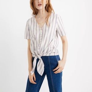 Madewell Women's Agency Tie Waist Button Front Top XS Sarasota Striped